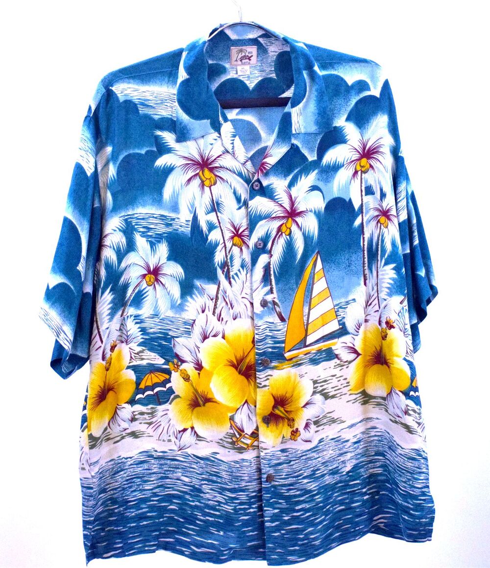Mens Silk Hawaiian Shirt XL Tropical Beach Palm Tree Sailboat Floral Camp Collar